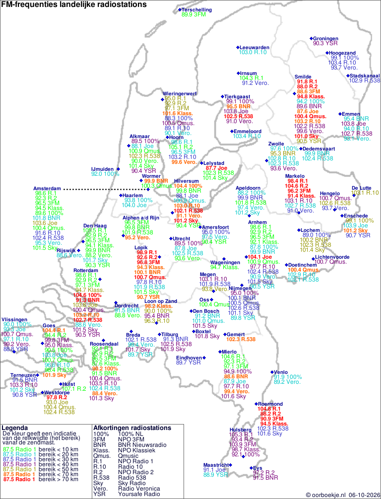 Kaart met alle FM-frequenties van landelijke radiostations