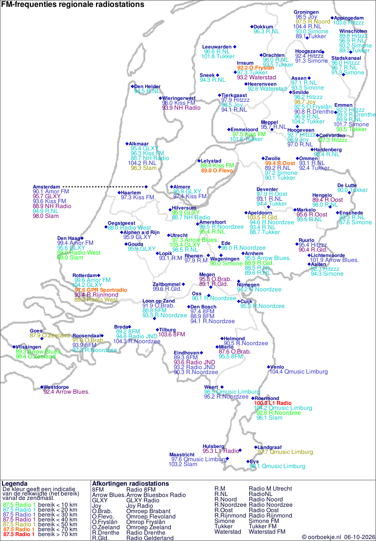 Kaart met alle FM-frequenties van regionale radiostations
