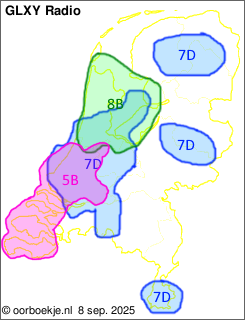in Noord-Holland en Flevoland op kanaal 8B
in Zuid-Holland en Zeeland op kanaal 5B 
in de Randstad, Midden-Brabant, rondom Smilde, rondom Markelo en in het zuiden van Limburg op kanaal 7D