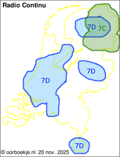in Groningen en Drenthe op kanaal 7C
in de Randstad, Midden-Brabant, rondom Smilde, rondom Markelo en in het zuiden van Limburg op kanaal 7D
