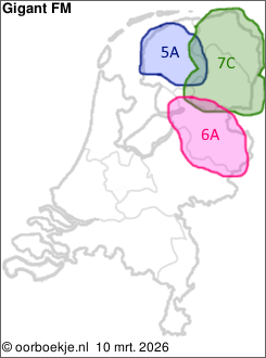 in Friesland op kanaal 5A
in Groningen en Drenthe op kanaal 7C
in Overijssel op kanaal 6A