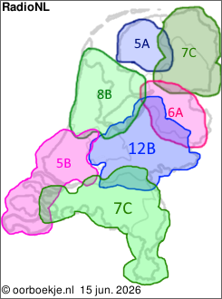 in Friesland op kanaal 5A
in Groningen en Drenthe op kanaal 7C
in Overijssel op kanaal 6A
in Utrecht en Gelderland op kanaal 12B
in Noord-Brabant en Limburg op kanaal 7C
in Noord-Holland en Flevoland op kanaal 8B
in Zuid-Holland en Zeeland op kanaal 5B 