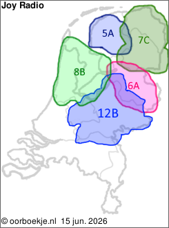 in Friesland op kanaal 5A
in Groningen en Drenthe op kanaal 7C
in Overijssel op kanaal 6A
in Noord-Holland en Flevoland op kanaal 8B