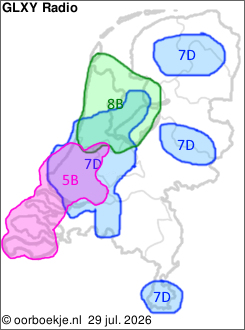 in Noord-Holland en Flevoland op kanaal 8B
in Zuid-Holland en Zeeland op kanaal 5B 
in de Randstad, Midden-Brabant, rondom Smilde, rondom Markelo en in het zuiden van Limburg op kanaal 7D