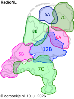 in Friesland op kanaal 5A
in Groningen en Drenthe op kanaal 7C
in Overijssel op kanaal 6A
in Utrecht en Gelderland op kanaal 12B
in Noord-Brabant en Limburg op kanaal 7C
in Noord-Holland en Flevoland op kanaal 8B
in Zuid-Holland en Zeeland op kanaal 5B 