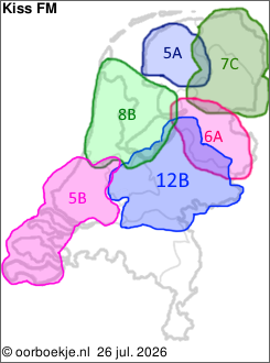 in Friesland op kanaal 5A
in Groningen en Drenthe op kanaal 7C
in Overijssel op kanaal 6A
in Utrecht en Gelderland op kanaal 12B
in Noord-Holland en Flevoland op kanaal 8B
in Zuid-Holland en Zeeland op kanaal 5B 