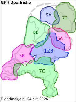 in Friesland op kanaal 5A
in Groningen en Drenthe op kanaal 7C
in Overijssel op kanaal 6A
in Utrecht en Gelderland op kanaal 12B
in Noord-Brabant en Limburg op kanaal 7C
in Noord-Holland en Flevoland op kanaal 8B
in Zuid-Holland en Zeeland op kanaal 5B 