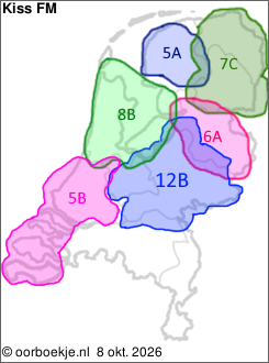 in Friesland op kanaal 5A
in Groningen en Drenthe op kanaal 7C
in Overijssel op kanaal 6A
in Utrecht en Gelderland op kanaal 12B
in Noord-Holland en Flevoland op kanaal 8B
in Zuid-Holland en Zeeland op kanaal 5B 